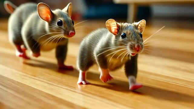 Two young rats running on a wooden floor