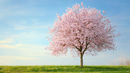 Fototapeta premium A solitary blooming tree under a clear blue sky