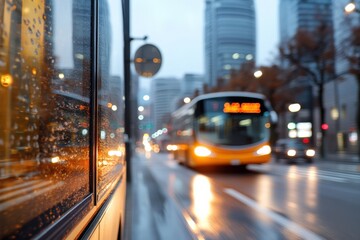 Obraz premium A glowing city bus captured during a rainy evening, showcasing the vibrant urban life and the beauty of reflections in a wet cityscape.