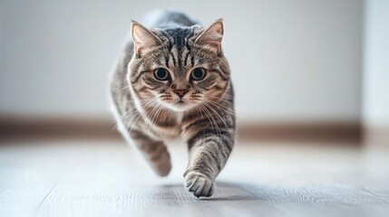 Obraz premium Playful Cat in Motion Indoors A Lively Feline Captured Mid-Stride on Wooden Floor