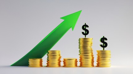 Financial Growth Illustrated with Stacks of Coins and a Rising Arrow