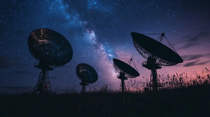 Silhouettes of satellite dishes or radio antennas against the night sky resembling a space observatory