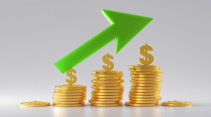 Financial Growth Illustrated with Stacks of Coins and a Green Arrow Pointing Upwards, Ideal for