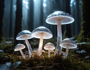 Luminous glass mushrooms at night