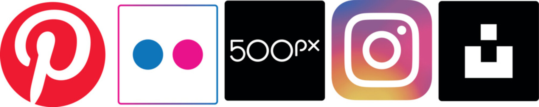 Set of logos: Flickr, Pinterest, Instagram, 500px, Unsplash. Represents photography, image sharing, creative inspiration, digital visuals.