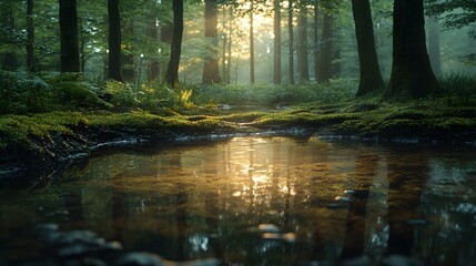 Obraz premium An Enchanting Woodland Scene Bathed in Soft Morning Light with a Mossy Forest Floor Inviting Peaceful Serenity