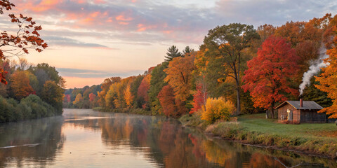 Fototapeta premium autumn landscape with lake and trees