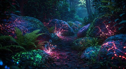 Enchanted Forest Path with Glowing Rocks and Magical Flora Ambiance