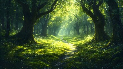 A Tranquil Path Through a Lush Green Forest, Filled with Vibrant Moss and Towering Trees