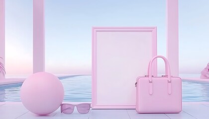 Obraz premium Pink Accessories by the Pool with Minimalist Landscape Background