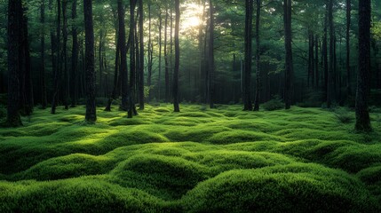 A Tranquil and Serene Forest Scene Illuminated by Gentle Morning Light and Adorned with Lush Green Moss