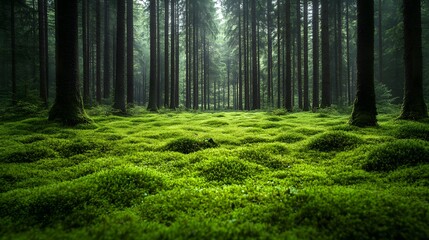 Fototapeta premium A Captivating Forest Scene with Majestic Trees and a Vibrant Meadow Filled with Rich Nature and Peaceful Atmosphere