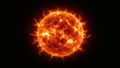 Hyper-realistic sun with intense solar flares and glowing corona, isolated on a dark background