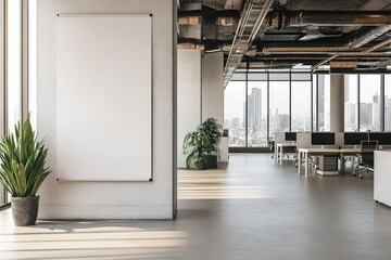 Modern office with banner and contemporary design elements. AI generated illustration.