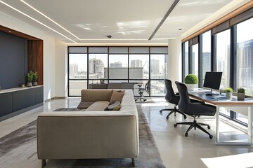 Modern office with banner and contemporary design elements. AI generated illustration.