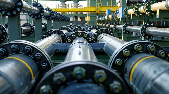 Close-up view of interconnected oil pipelines with bolts and flanges in an industrial setting, with a focus on details and texture.