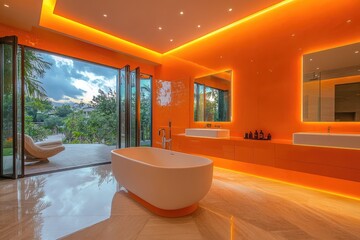 Modern orange bathroom with vibrant design elements. AI generated illustration.
