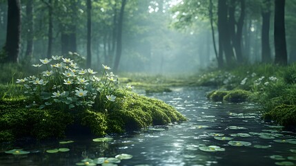 Obraz premium An Enchanting Woodland Scene Bathed in Soft Morning Light with a Mossy Forest Floor Inviting Peaceful Serenity