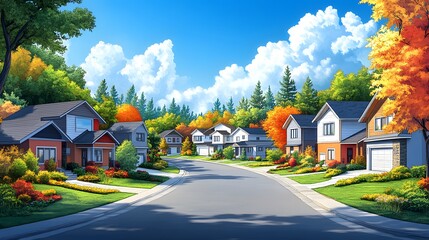 Naklejka premium A Beautifully Designed Suburban Neighborhood with Modern Homes and Scenic Views in Outline Vector Illustration