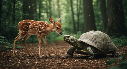 Naklejka premium Fawn and Tortoise: A Serene Forest Encounter