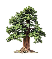 Majestic cedar tree standing tall in natural setting with lush green foliage growing from thick trunk, cut out