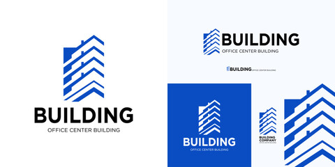 Building logo design, Wide angle view of steel high rise building, Construction logo icon design, Apartment logo symbol design, Usable logo sign for property, Architect, Hotel, Office center building. © Erips.id