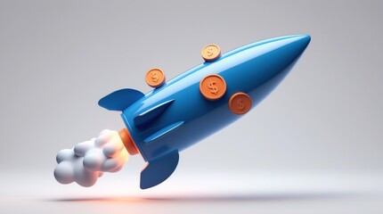 A sleek blue rocket launching with dollar coins, symbolizing financial growth and success