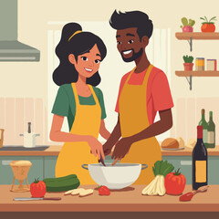 Cartoon Illustration of a Diverse Couple Cooking Together – Colorful Kitchen Scene in Vector Art Style
