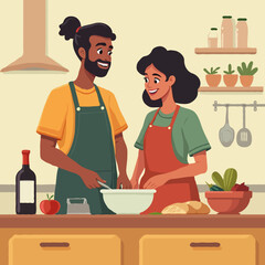 Cartoon Illustration of a Diverse Couple Cooking Together – Colorful Kitchen Scene in Vector Art Style
