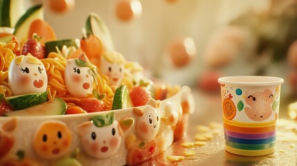 Vibrant Arrangement of Fruits and Vegetables with Decorative Cup in a Joyful Atmosphere