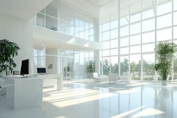 Fototapeta premium Modern sunny white style open space office with big windows. AI generated illustration.