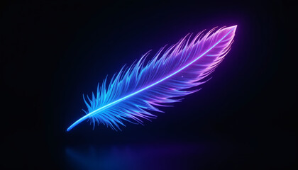 Futuristic glowing feather with neon blue and purple light on dark background, high-tech holographic effect