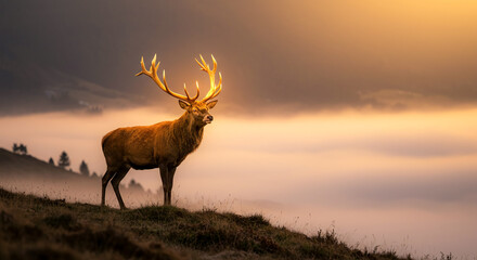 Naklejka premium majestic stag with large antlers on grassy hill in golden misty landscape