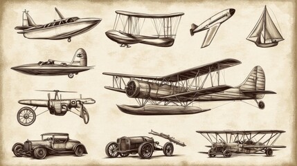Obraz premium Transportation from the past, drawn in a classic style. Boats and planes from the old days. Vehicles from way back when. Looks like an old print. 