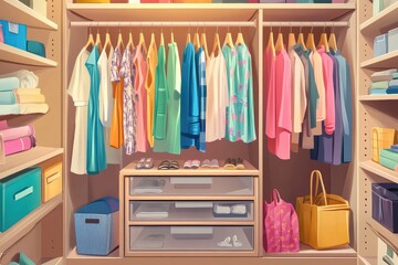 Modern wardrobe with clothes in sleek design. AI generated illustration.