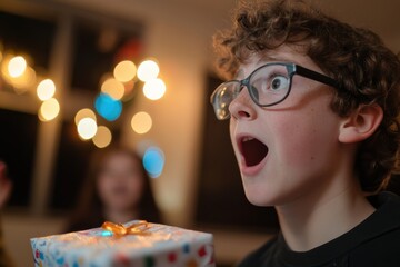 A young boy, filled with excitement, reacts joyfully upon receiving a gift during a festive gathering with blurred lights in the background, capturing a moment of pure delight.