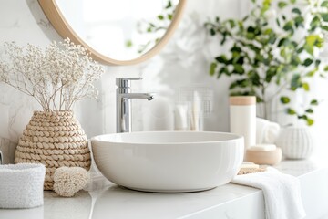 Fototapeta premium Modern white bathroom with decorative objects and city view. AI generated illustration.