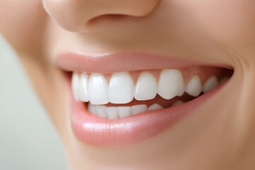 Fototapeta premium Close-up of female caucasian young adult smiling bright with perfect teeth
