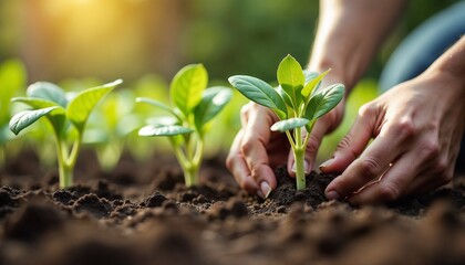 Close-up of hands planting young seedlings in rich soil at sunrise