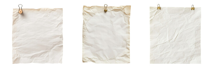 Textures of Crumpled Paper with Clips and Pins Isolated on transparent background