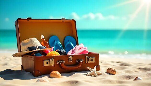 Una toma de gran angular muestra una maleta marr&oacute;n antigua, ligeramente abierta, llena de elementos esenciales para la playa, con el tel&oacute;n de fondo de una playa de arena, un oc&eacute;ano turquesa y un cielo