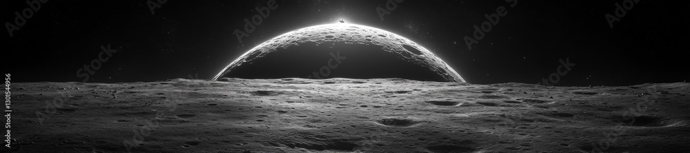 Wall mural lunar surface with spacecraft in the distance and cosmic backdrop. generative ai
