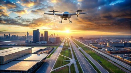 Drone Flight Over City at Sunset