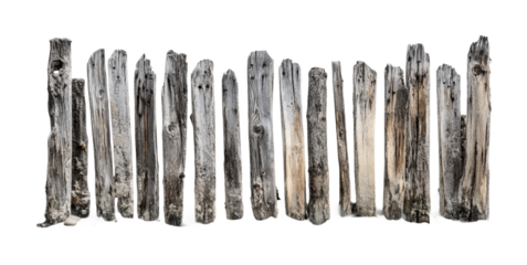 Weathered wooden posts arranged in a line create a rustic border for outdoor spaces or garden areas, cut out
