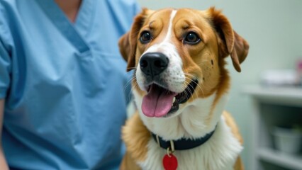 Happy dog at veterinary clinic with caucasian female vet in blue scrubs