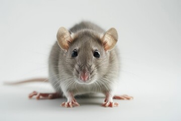 A close-up of the gray rat&rsquo;s face shows off its bright eyes and soft gray fur in fine detail against the pure white background.