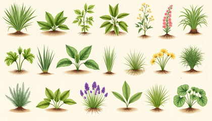 Naklejka premium Collection of various plants and herbs illustrated in a detailed botanical style