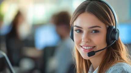 Friendly customer service representative wearing a headset, blurred modern call center background, warm lighting, welcoming expression, hyper-detailed, high-resolution