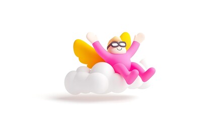 Joyful Cartoon Character with Wings Sitting on a Cloud