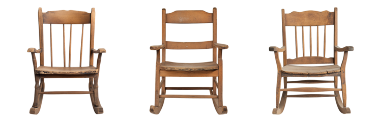 Three Vintage Wooden Rocking Chairs Isolated View Isolated on transparent background